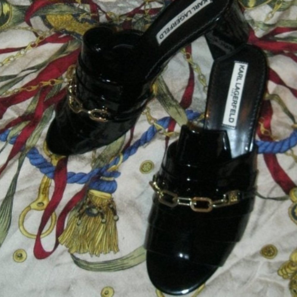 ❤️New KARL LAGERFELD Haley Chain Vamp Black Patent Mules Slides Shoes SZ 8.5